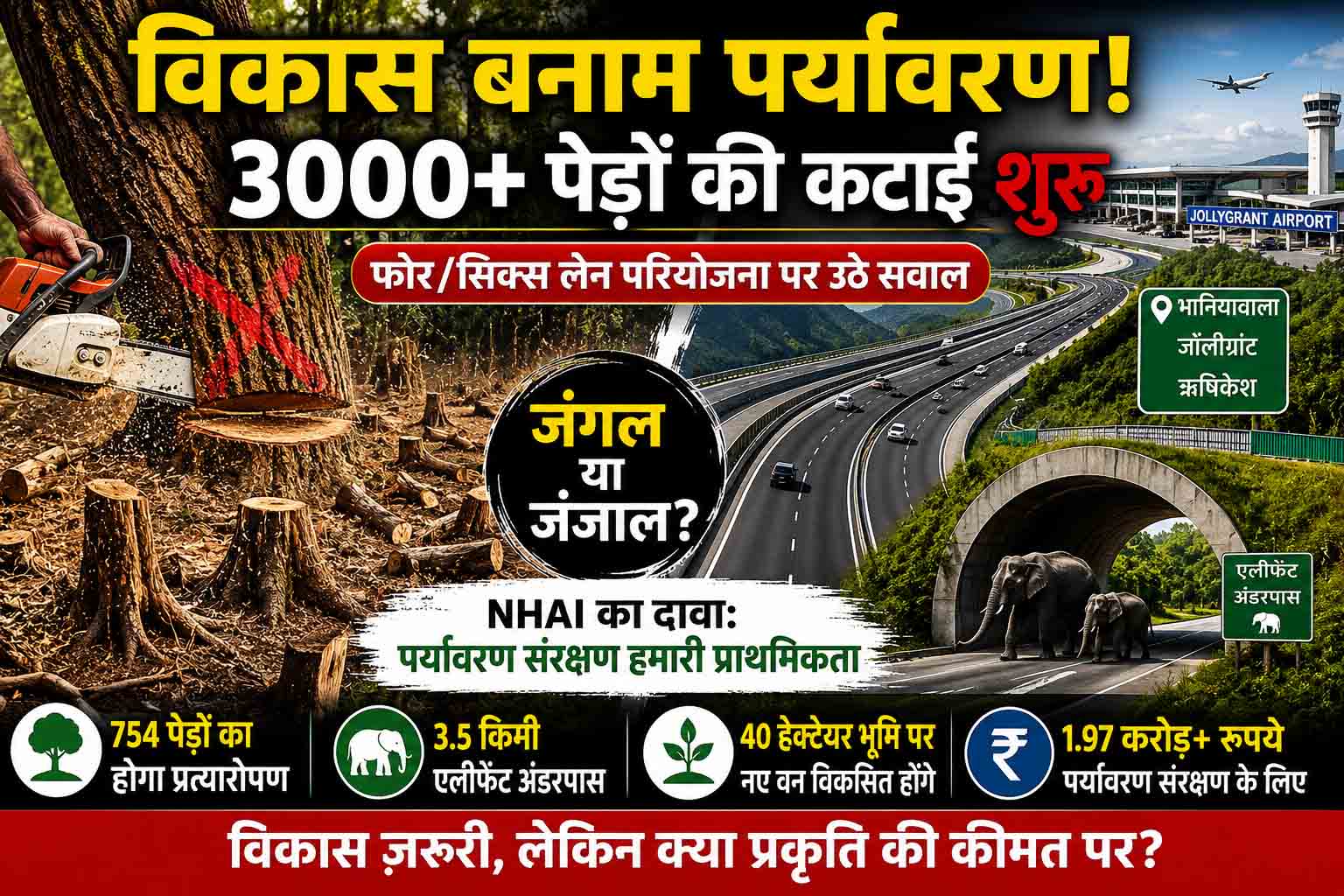 भानियावाला–जॉलीग्रांट–ऋषिकेश फोर/सिक्स लेन परियोजना पर विवाद, पेड़ों की कटाई पर उठे सवाल; NHAI ने कहा– पर्यावरण संरक्षण हमारी सर्वोच्च प्राथमिकता
