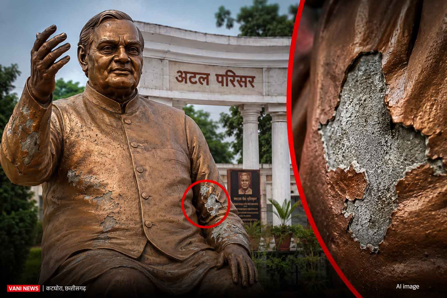 कटघोरा के अटल परिसर में प्रतिमा पर उठे सवाल, बारिश में रंग उखड़ने से निर्माण गुणवत्ता विवादों में