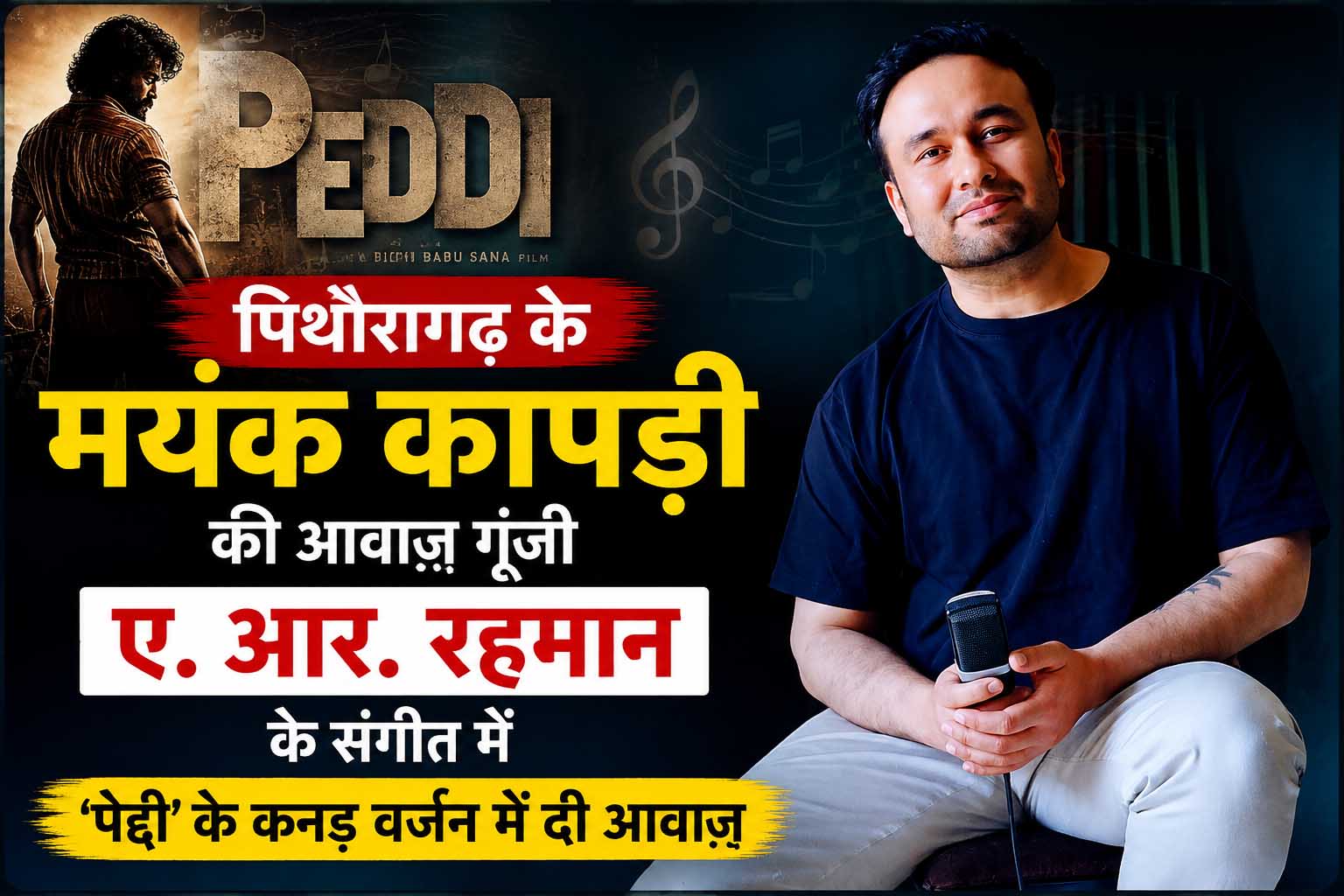 पिथौरागढ़ के मयंक कापड़ी की आवाज़ गूंजी ए. आर. रहमान के संगीत में, राम चरण की बहुप्रतीक्षित फिल्म 'पेद्दी' के कन्नड़ संस्करण में दी आवाज़