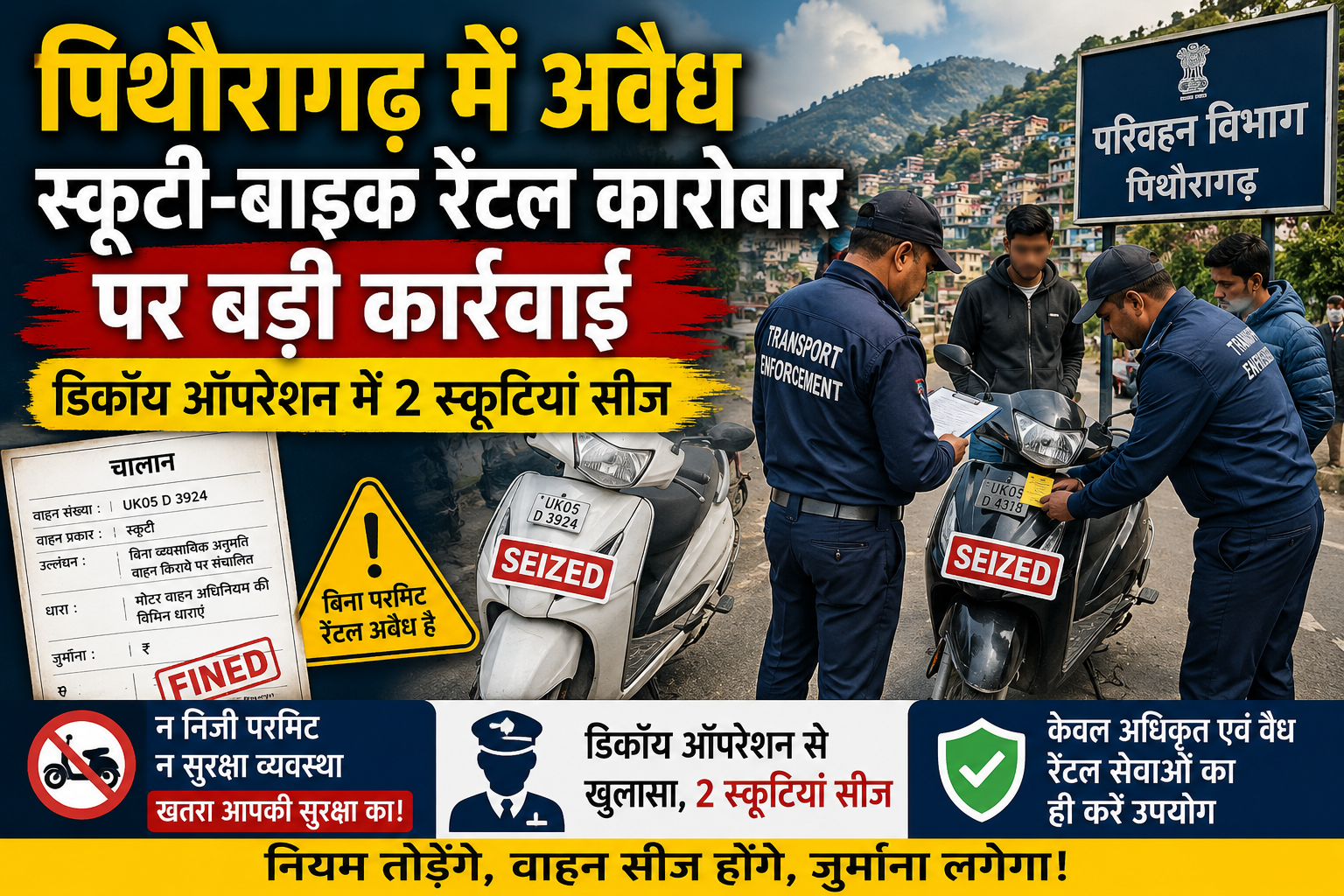 पिथौरागढ़ में अवैध स्कूटी-बाइक रेंटल कारोबार पर परिवहन विभाग का बड़ा एक्शन, ग्राहक बनकर पहुंचे सिपाही, 2 स्कूटी सीज