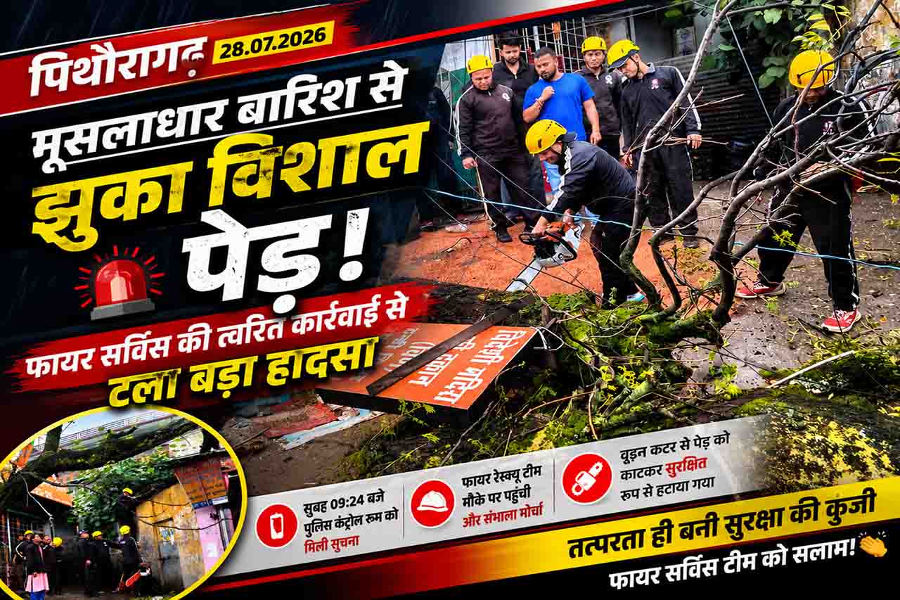 मूसलाधार बारिश से झुका विशाल पेड़, फायर सर्विस की त्वरित कार्रवाई से टला बड़ा हादसा
