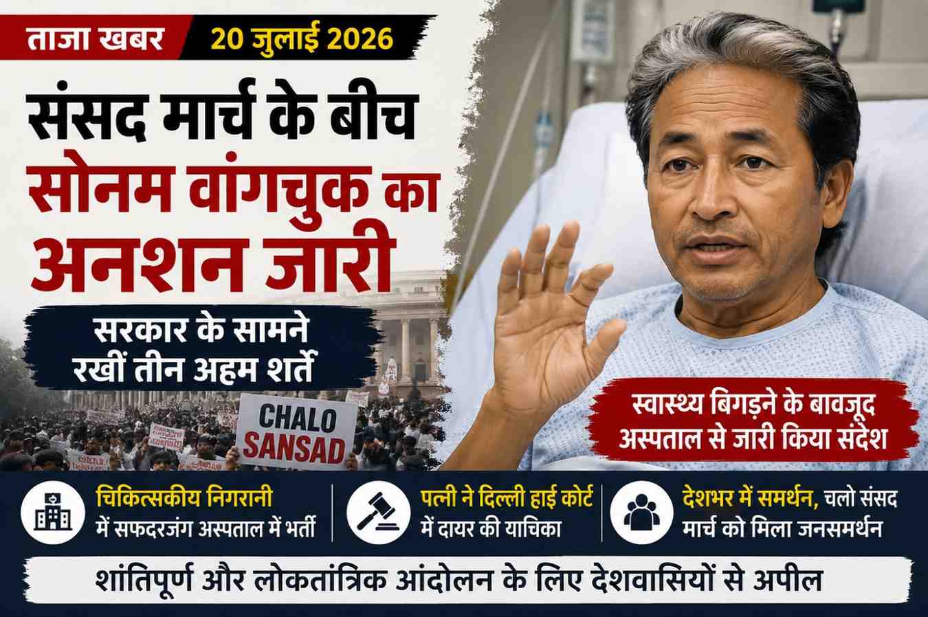 संसद मार्च के बीच सोनम वांगचुक का अनशन जारी, सरकार के सामने रखीं तीन अहम शर्तें