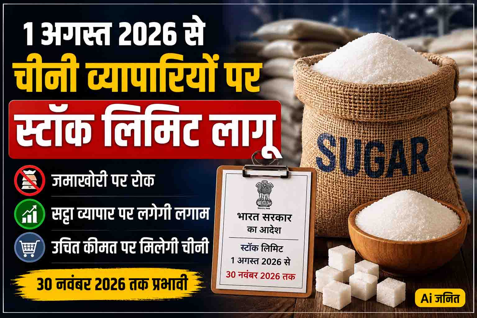 1 अगस्त से चीनी व्यापारियों पर स्टॉक लिमिट लागू, जमाखोरी और सट्टेबाजी पर सरकार की सख्ती