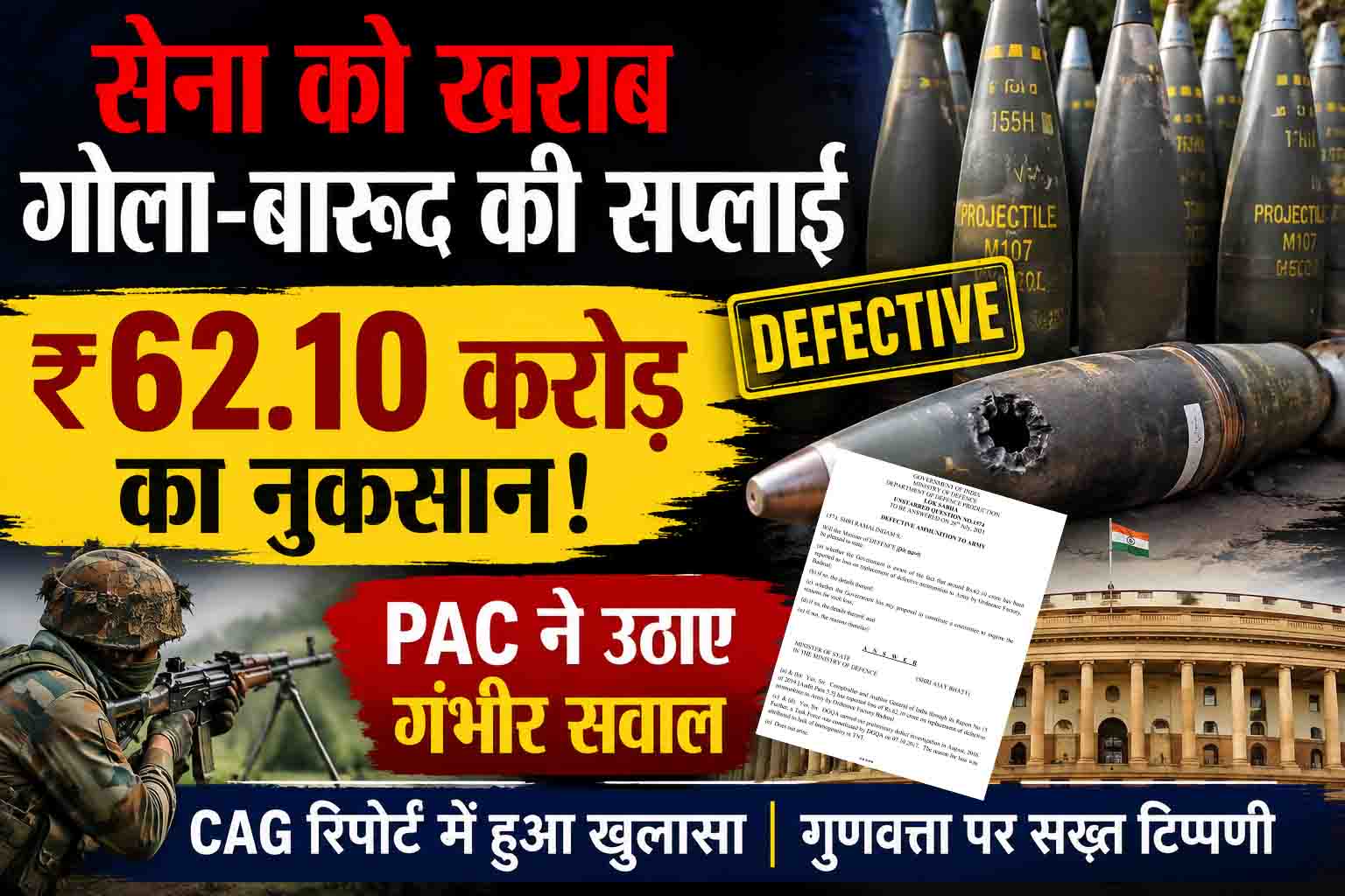सेना को खराब गोला-बारूद की आपूर्ति से ₹62.10 करोड़ का नुकसान, गुणवत्ता पर PAC की सख्त टिप्पणी