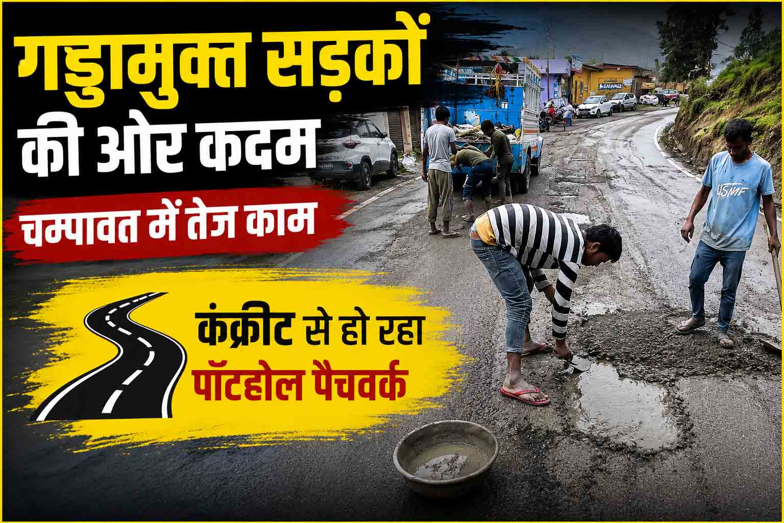 चम्पावत में गड्ढामुक्त सड़क अभियान तेज, राष्ट्रीय राजमार्गों पर कंक्रीट से भरे जा रहे गड्ढे