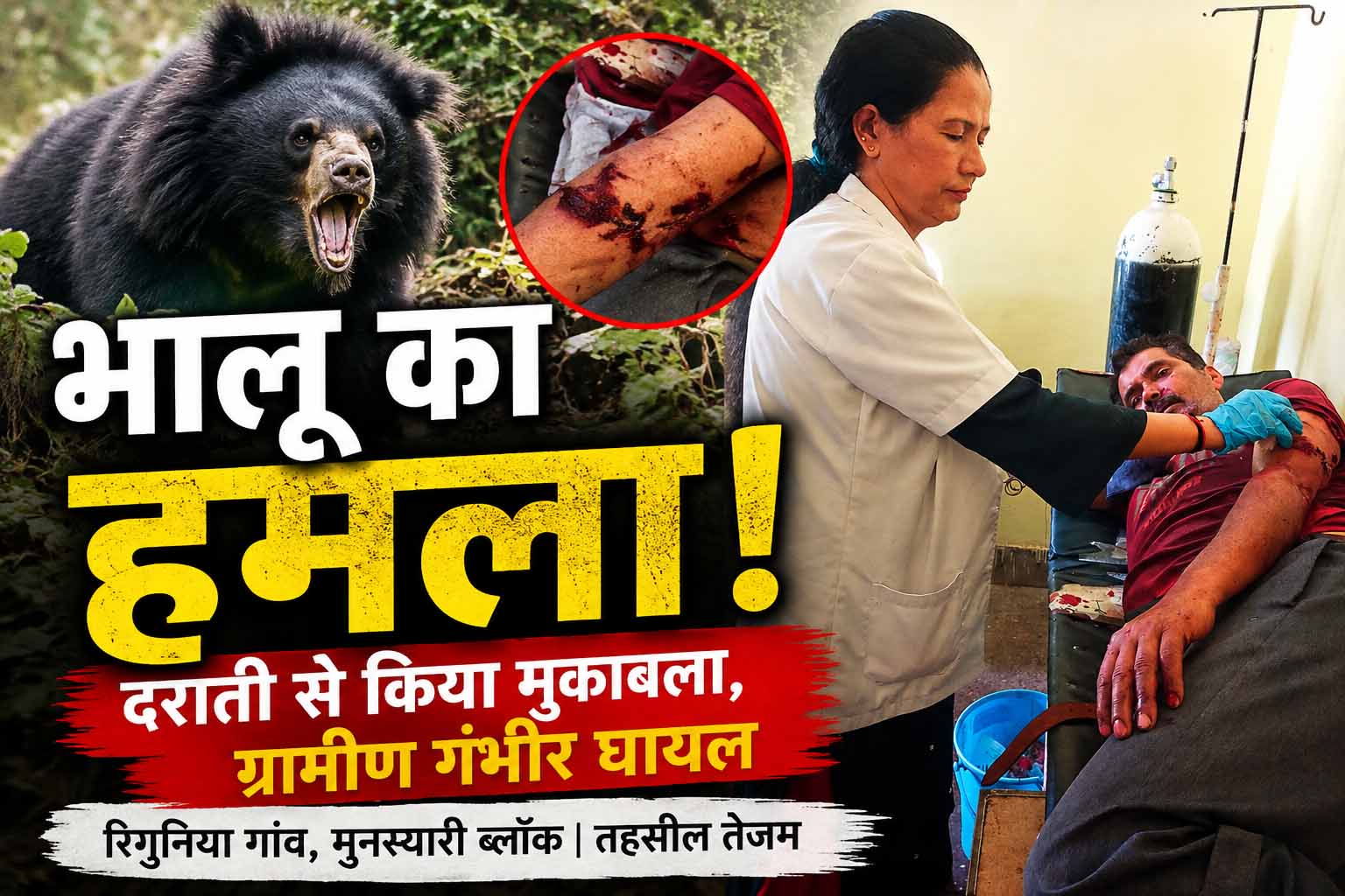 मुनस्यारी ब्लॉक के रिगुनिया गांव में भालू का हमला, ग्रामीण ने दराती से किया मुकाबला