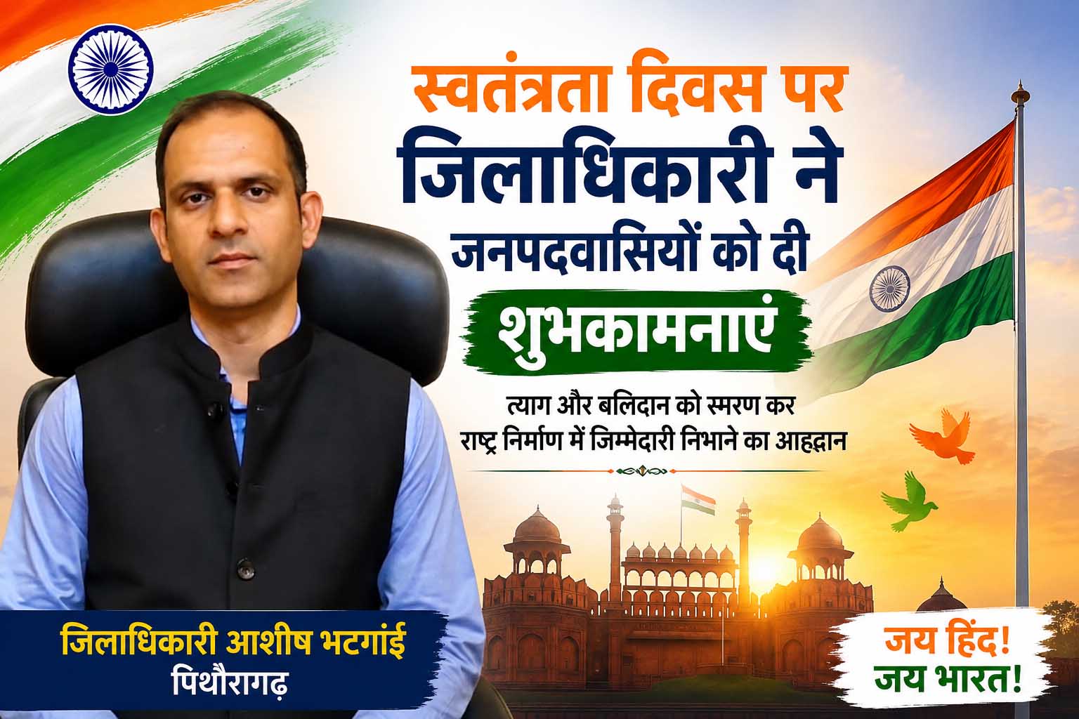 स्वतंत्रता दिवस की पूर्व संध्या पर जिलाधिकारी आशीष भटगांई ने जनपदवासियों को दी हार्दिक बधाई एवं शुभकामनाएं