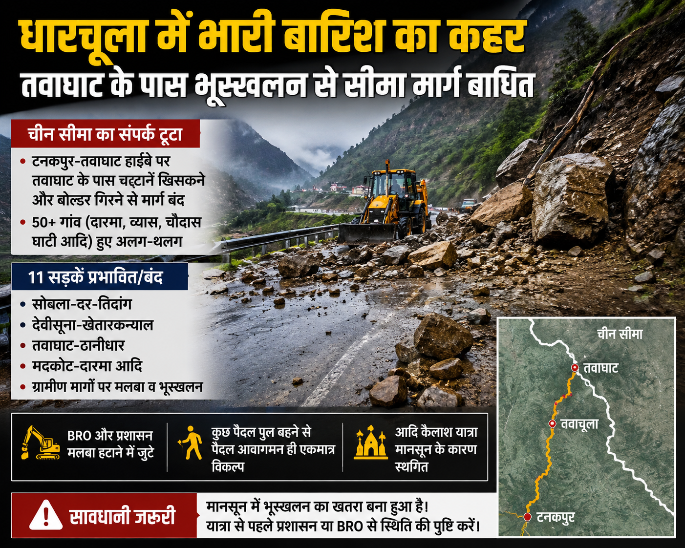 भारी बारिश का कहर: धारचूला में भूस्खलन से सीमा मार्ग बाधित, 50 से अधिक गांव प्रभावित