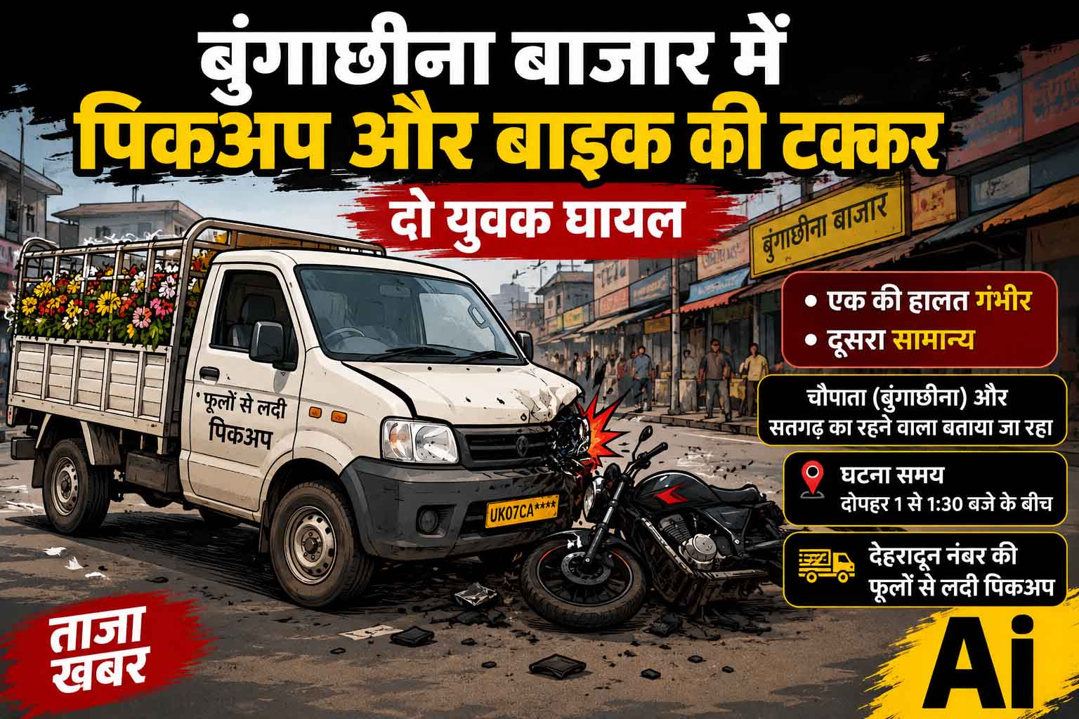 बुंगाछीना बाजार में पिकअप और बाइक की जोरदार भिड़ंत, दो युवक घायल