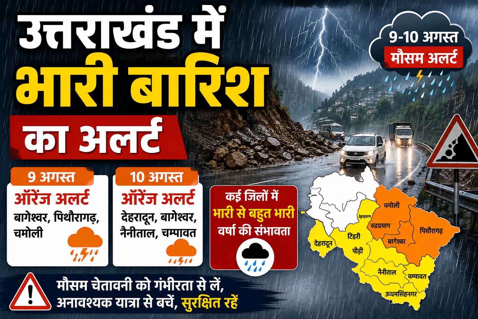उत्तराखंड में भारी बारिश का अलर्ट, 9-10 अगस्त को कई जिलों में ऑरेंज अलर्ट