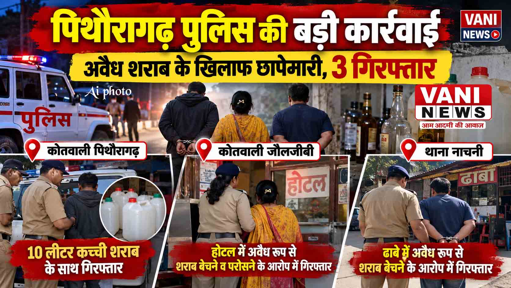 पिथौरागढ़ में अवैध शराब के खिलाफ पुलिस की कार्रवाई, तीन गिरफ्तार